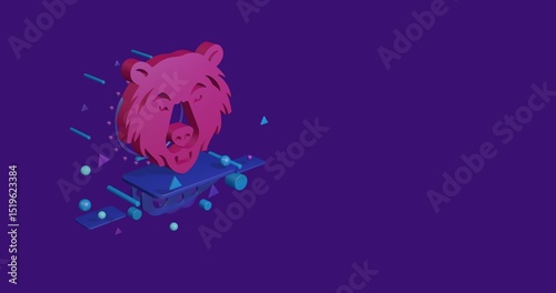 Pink bear head symbol on a pedestal of abstract geometric shapes floating in the air. Abstract concept art with flying shapes on the left. 3d illustration on deep purple background