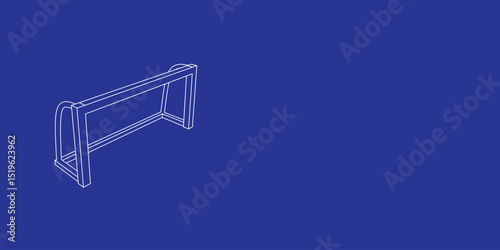 The outline of a large football goal symbol made of white lines on the left. 3D view of the object in perspective. Vector illustration on indigo background