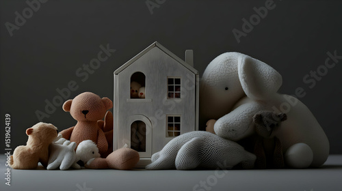 Group Of Soft Toys And Dollhouse On Grey Background