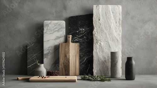 Modern Kitchenware Display Featuring Marble and Wood Cutting Boards