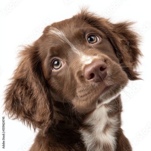 Boykin Spaniel portrait tilted head inquisitive expression white background