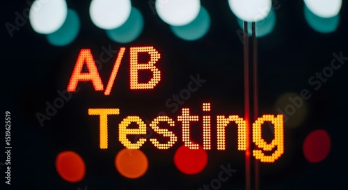 A/B Testing illuminated on a digital display at night with bokeh lights in the background. photo