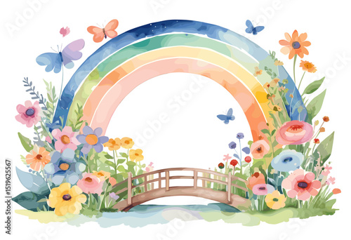 Colorful Watercolor Lgbtq Rainbow with Flowers and Bridge in a Whimsical Garden Setting