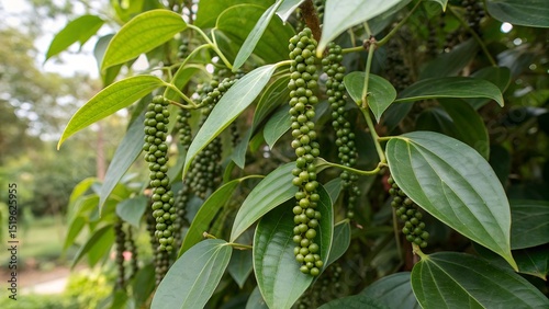 White peppercorn spikes on pepper tree in lush green garden