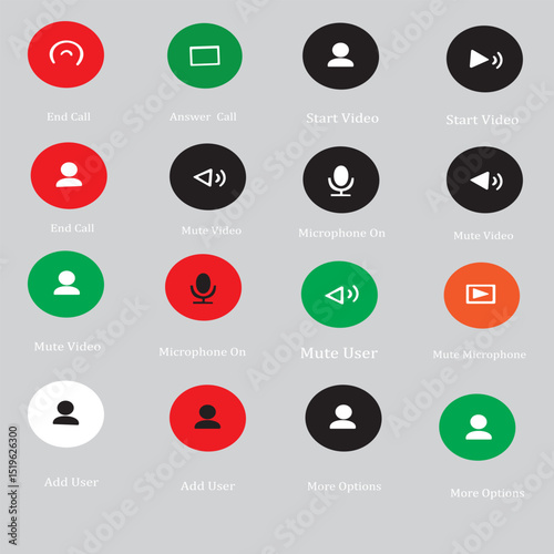 "A grid of user-friendly communication icons designed for video conferencing applications. This collection includes buttons for call management, video controls, and user settings, making it ideal for 