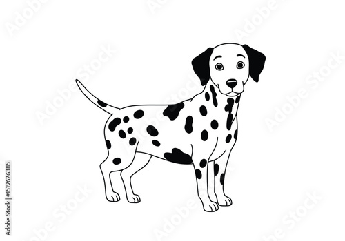 Dalmatian dog drawing. It is a black and white outline image of a Dalmatian dog, an iconic spotted canine breed. Vector sketch line art draw.
