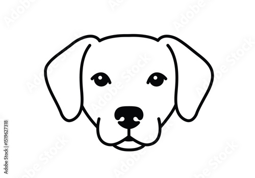 Dog face drawing. It is a black and white outline image of a dog's face, a cute and friendly canine portrait. Vector sketch line art draw.