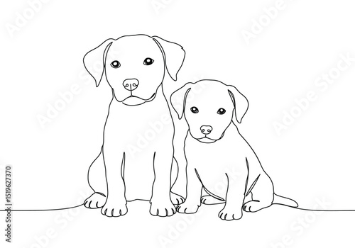 Dog and puppy drawing. It is a black and white outline image of a dog and puppy, a loyal and adorable canine pair. Vector sketch line art draw.