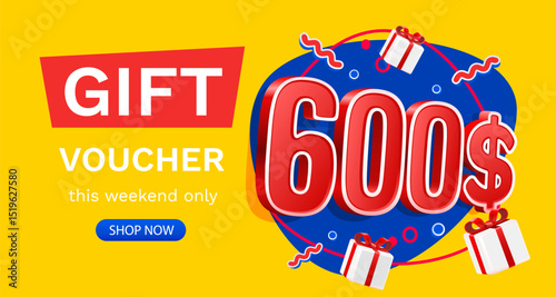 Gift voucher 600 dollar, Check and gift box. Sale banner and poster. Vector illustration