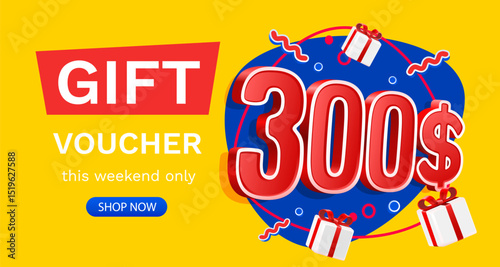 Gift voucher 300 dollar, Check and gift box. Sale banner and poster. Vector illustration