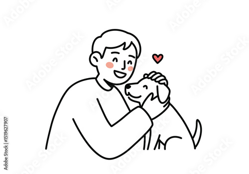 Dog lover drawing. It is a black and white outline image of a person showing love and affection for a dog. Vector sketch line art draw.