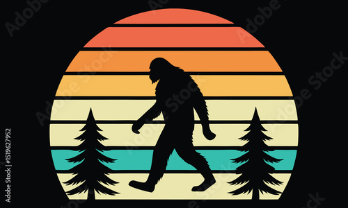 Retro bigfoot silhouette walking at sunset