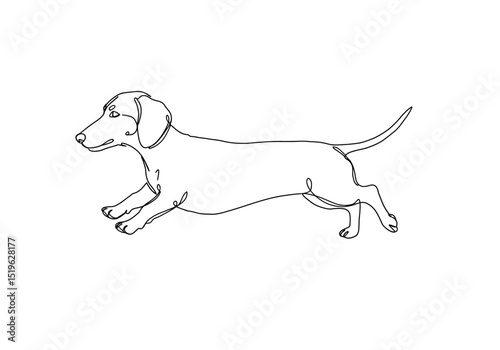 Dog running drawing. It is a black and white outline image of a dog running, a playful and active canine in motion. Vector sketch line art draw.