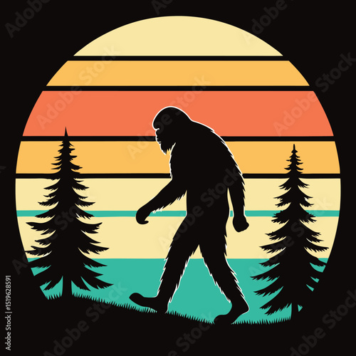 Bigfoot silhouette retro sunset graphic design
