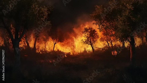 Intense forest fire illuminating the night sky, surrounded by trees and smoke, depicting destruction