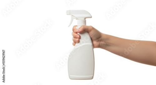 Hand Holding a White Plastic Spray Bottle Against White Background