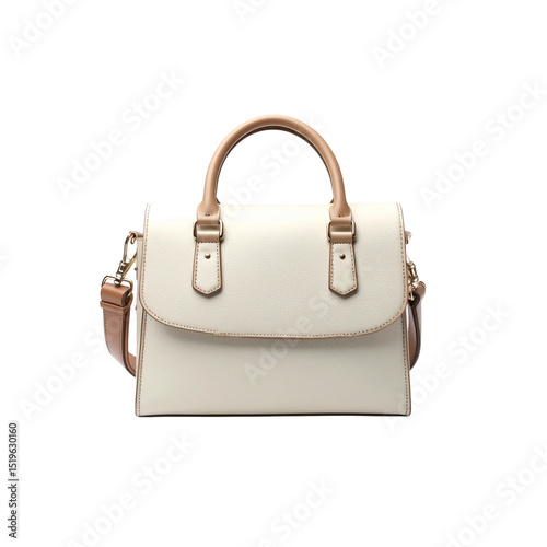 Elegant cream leather handbag with brown trim stylish on transparent background