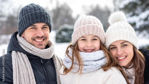 Happy family enjoying winter day outdoors, smiling and having fun in a snowy park