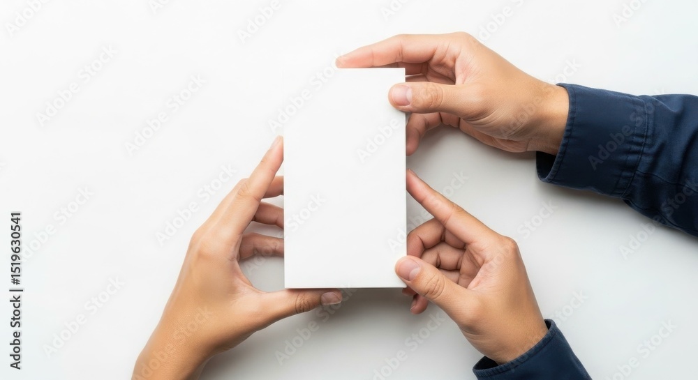 Obraz premium Two Hands Sharing a Blank White Rectangular Card