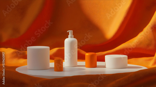 White And Orange Cosmetic Products On Display Podium With Orange Background