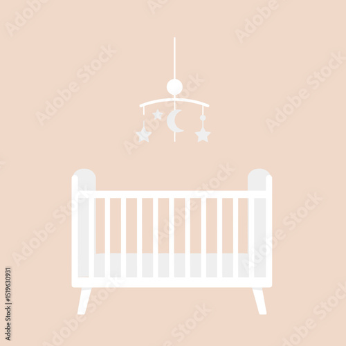 Minimalist nursery design featuring a mobile with stars and moon above a crib