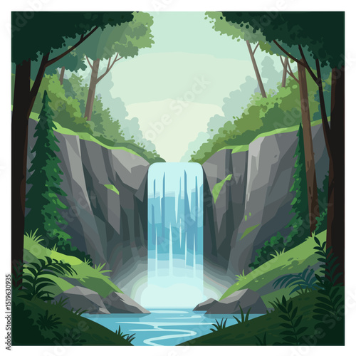 Serene waterfall cascading down rocky cliffs surrounded by lush green forest