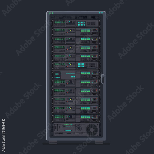 High-tech server rack with illuminated panels in a modern data center environment