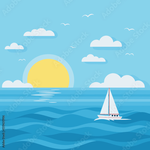 A serene seascape featuring a sailboat on calm waters under a bright sun