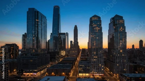Wallpaper Mural City skyline at sunrise with tall buildings and bright sunlight shining through, Time lapse Torontodigital.ca