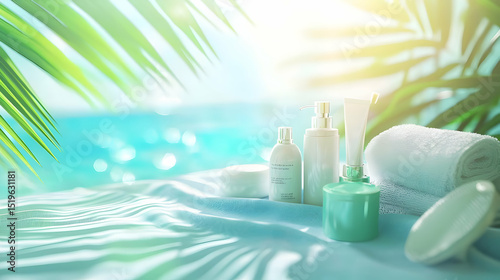 Tropical Skincare Products On Beach Background