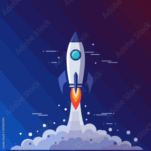 A sleek rocket launching into a cosmic background with vibrant colors and motion effects