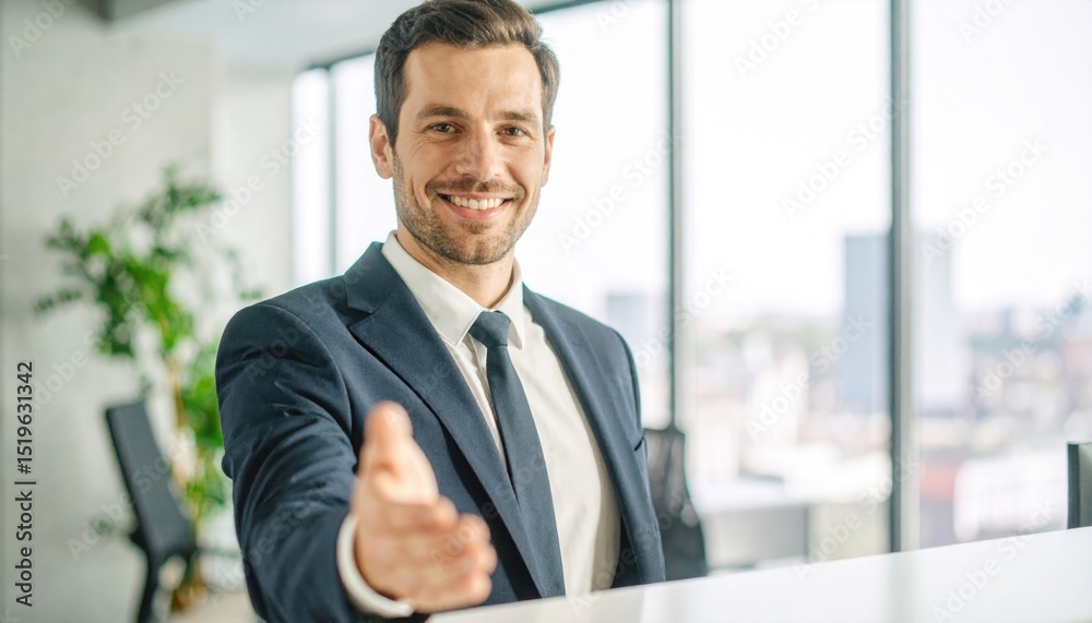 Friendly receptionist in a high-rise office building greeting clients at the front desk Friendly receptionist in a high-rise office building greeting clients at the front desk