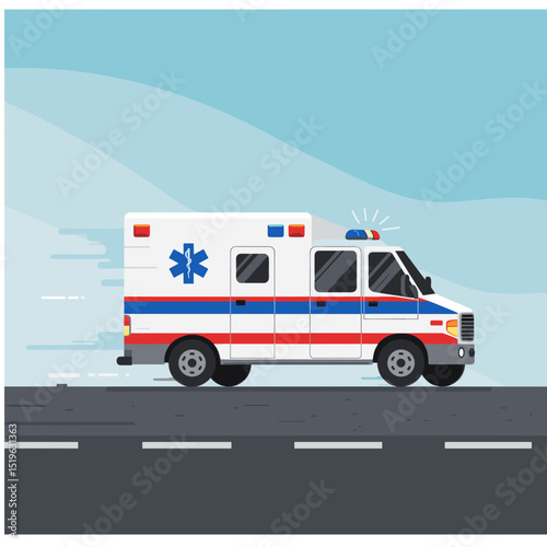 Emergency ambulance speeding through a serene landscape, symbolizing urgent medical response