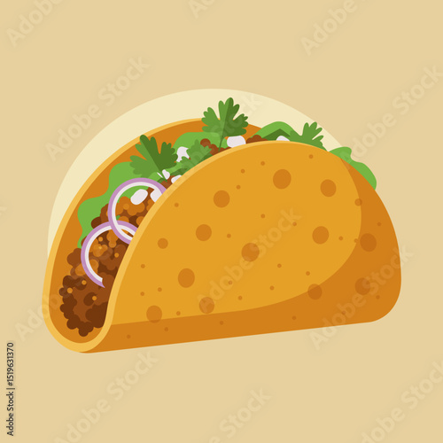 A delicious taco filled with seasoned meat, fresh vegetables, and herbs on a warm background