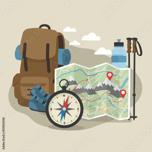Outdoor Adventure Essentials Backpack, Map, and Gear Set Against a Scenic Background