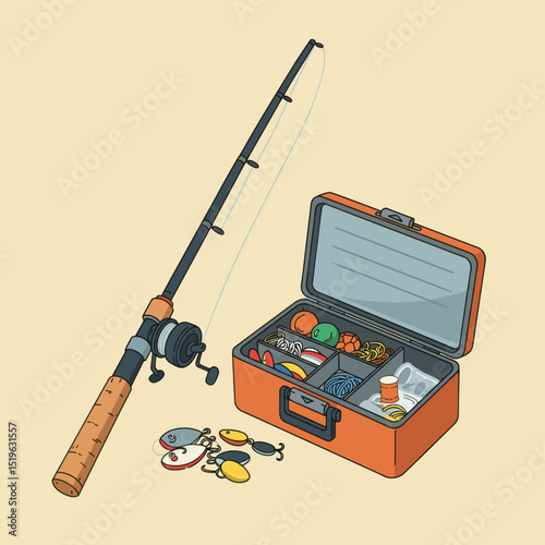 Fishing rod and tackle box with colorful lures on a light background, ideal for outdoor enthusiasts