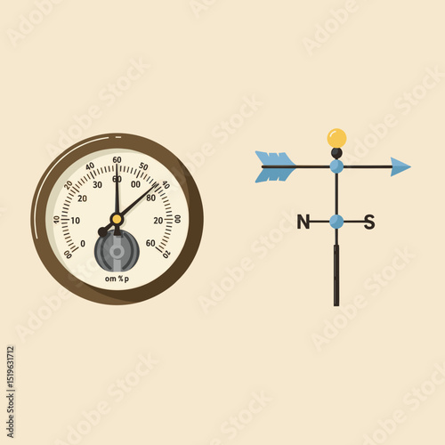 Vintage barometer and compass on a soft beige background, ideal for educational use