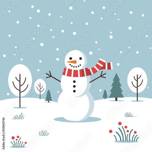 Cheerful snowman wearing a striped scarf in a snowy winter landscape with trees