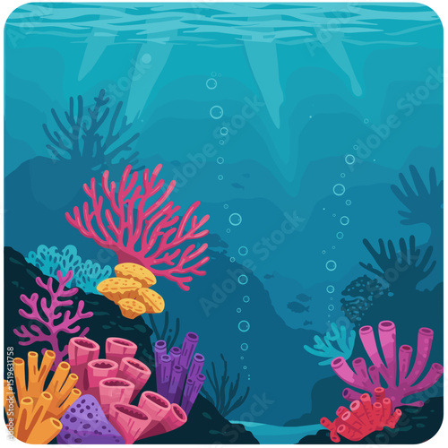 Vibrant underwater scene showcasing colorful corals and bubbles in a serene ocean