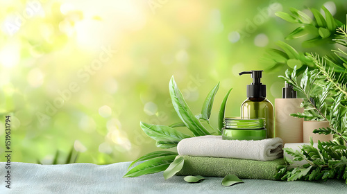 Natural Beauty Products Display Against Green Background