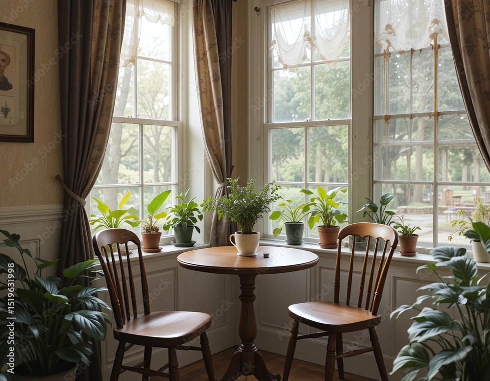 Fototapeta premium Cozy breakfast nook with a small round wooden table, two chairs, leafy plants on the windowsill, and light filtering through sheer cafe curtains.