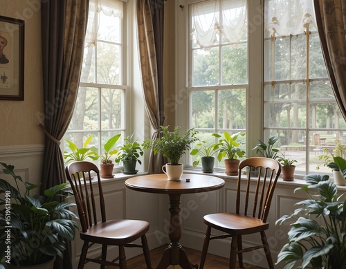 Cozy breakfast nook with a small round wooden table  two chairs  leafy plants on the windowsill  and light filtering through sheer cafe curtains.