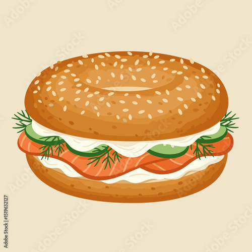 Delicious bagel sandwich with smoked salmon, cream cheese, and fresh vegetables