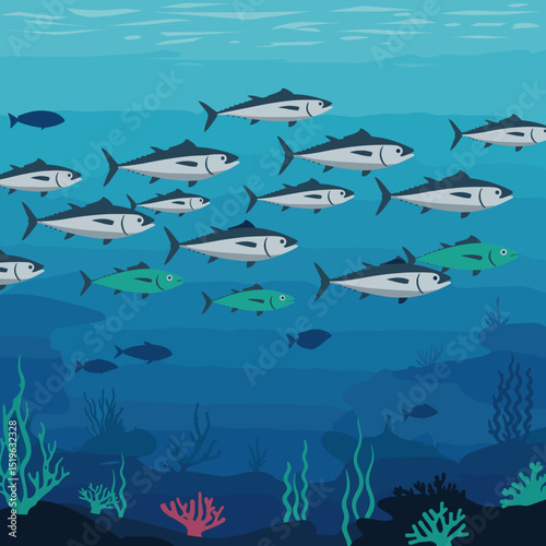 Underwater scene with diverse fish species swimming in clear blue ocean waters