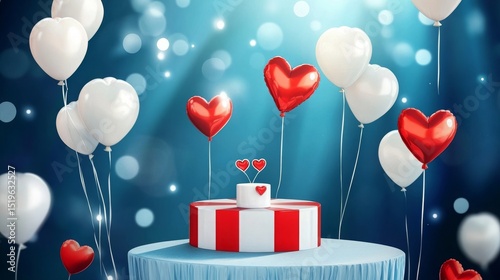 Father's Day celebration scene with blue podium, heart balloons, and love-themed decorations for product presentation and festive background design