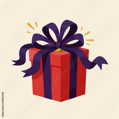 A vibrant red gift box adorned with a large purple bow, radiating joy and celebration