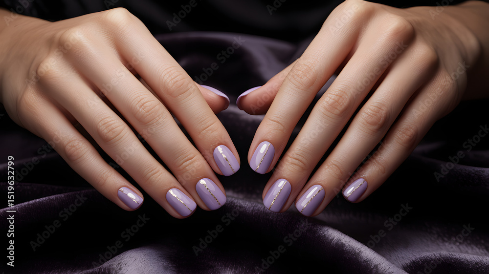 Close-up of manicured female hands with shinning light purple nail polish on a smooth surface background, elegant and clean Close-up of manicured female hands with shinning light purple nail polish on a smooth surface background, elegant and clean
