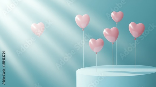 Father's Day celebration scene with blue podium, heart balloons, and love-themed decorations for product presentation and festive background design