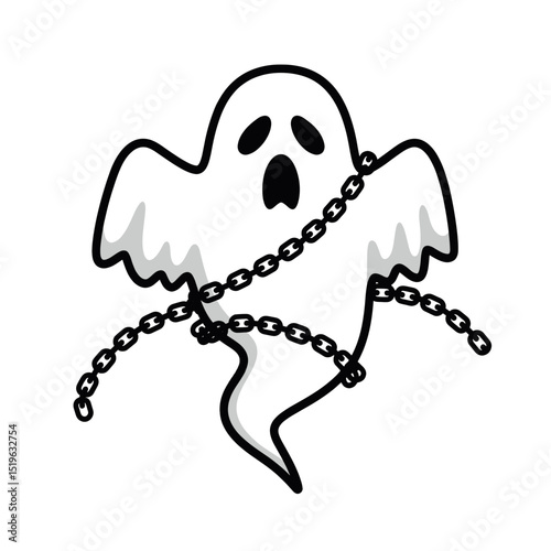 Cartoon ghost trapped in chains, set against a simple white background, ideal for Halloween themes