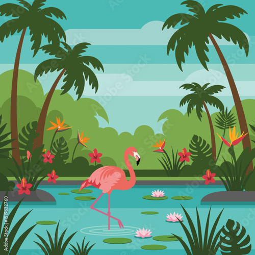 A vibrant tropical scene featuring a flamingo among lush greenery and colorful flowers